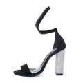 Rhinestone high heel sandals with cloth upper and rubber sole in black and gold, sizes 34 to 43