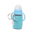 Orange and blue USB-powered baby bottle warmer wrap showing size and USB connector.