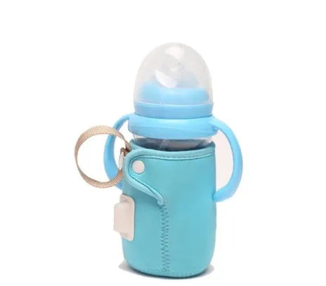 Orange and blue USB-powered baby bottle warmer wrap showing size and USB connector.