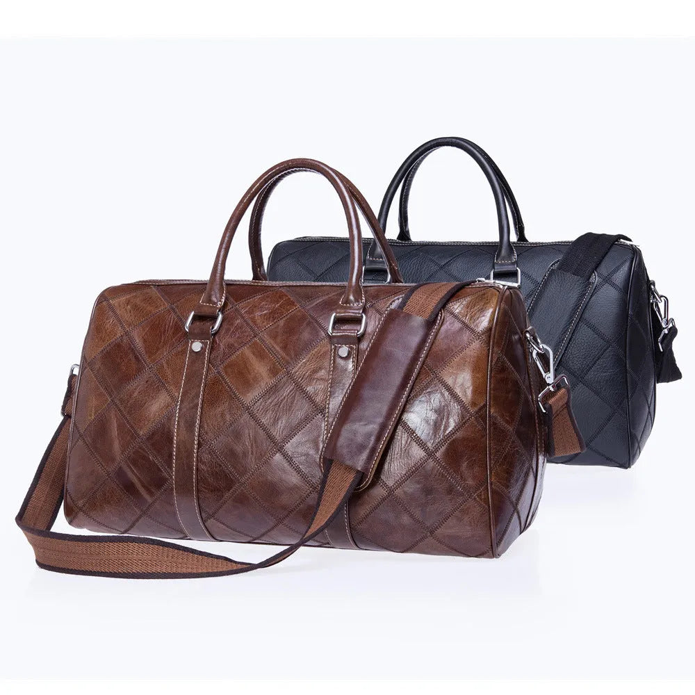 Vintage checked men's leather duffel bag with a single shoulder strap, shown in a light coffee colour.