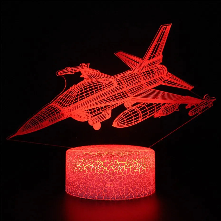 Cartoon aeroplane-shaped LED night light with touch-sensitive switch on acrylic panel.