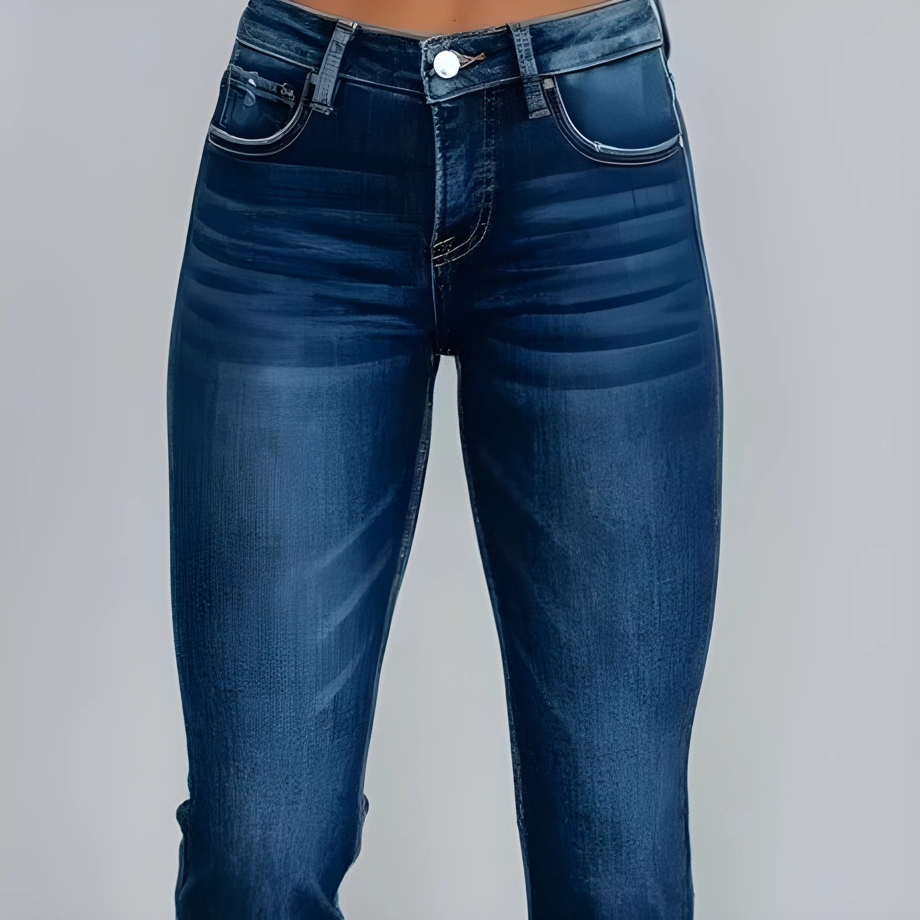 Women's solid colour denim trousers with hand-worn distressing in dark blue and light blue washes