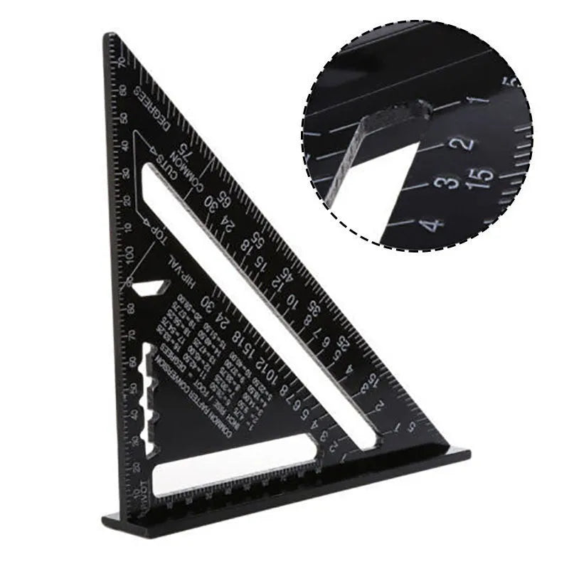 Aluminium alloy woodworking measuring square showing 90-degree angle and 0.1mm graduation markings