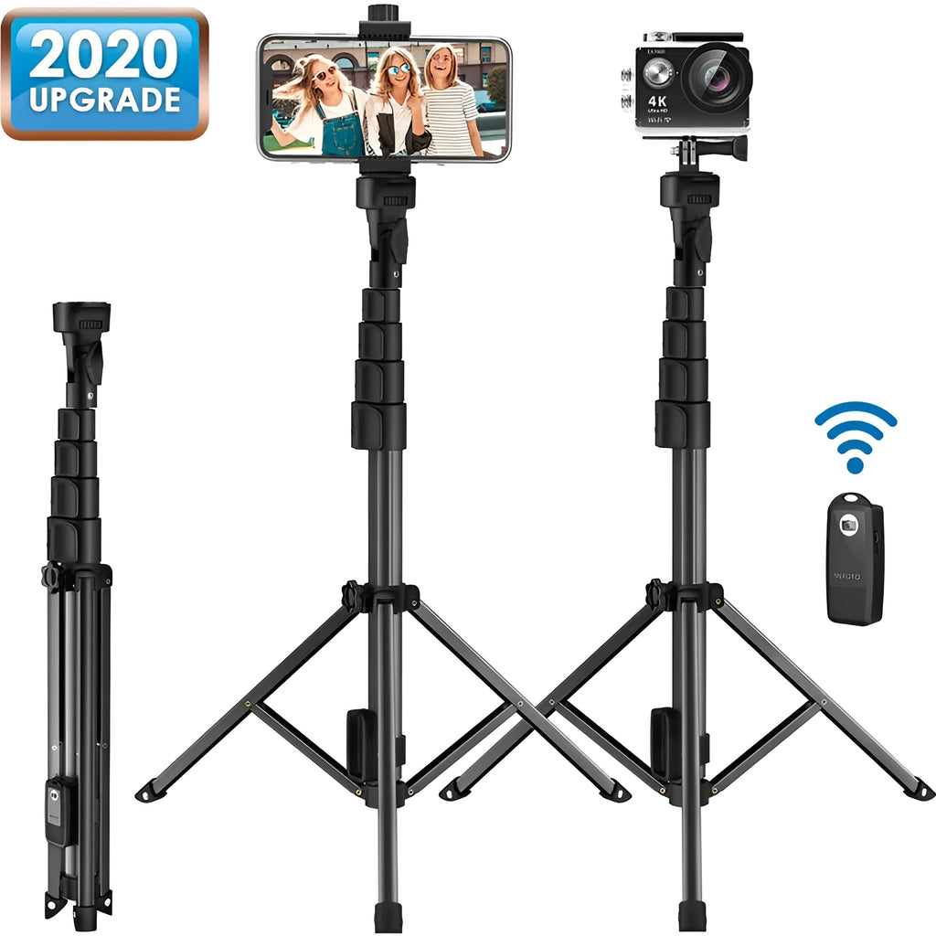 Black aluminium selfie stick tripod extended next to an iPhone, showing its five-section telescopic design.