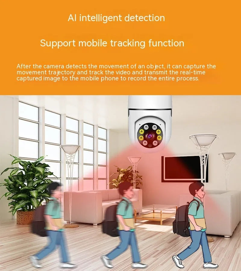 White wireless wifi bulb security camera with lens, showing 5cm diameter and 12cm height.
