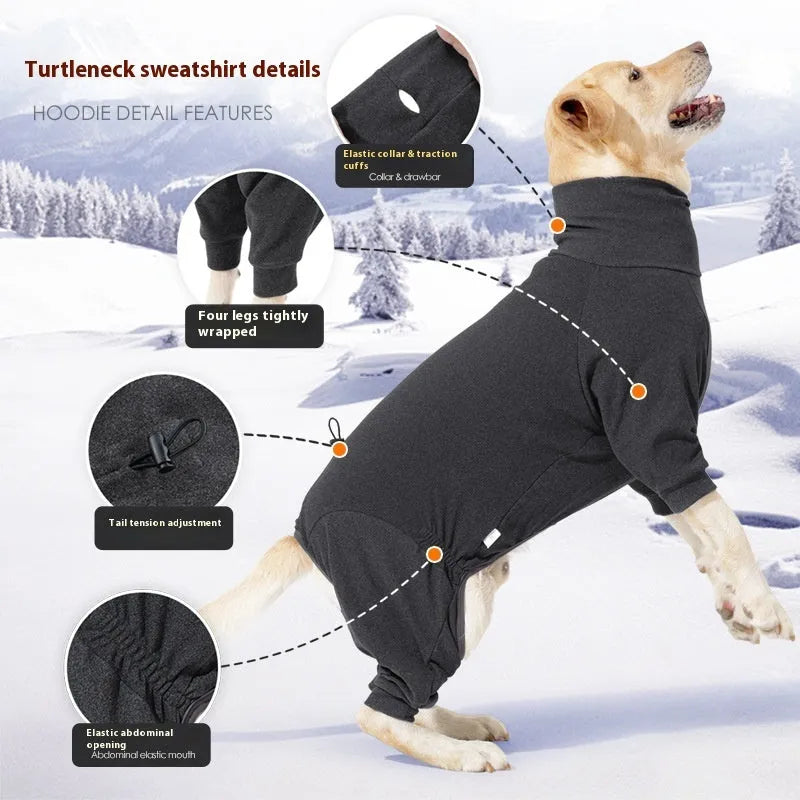 Polar fleece dog clothes with high collar in dark grey colour, showing four-legged design