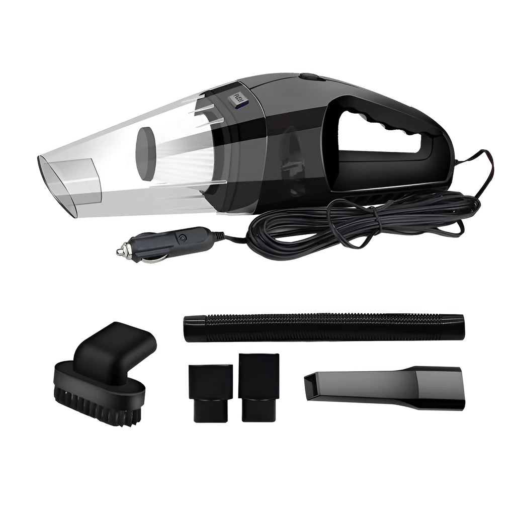 Portable 12V handheld car vacuum cleaner in black with cigarette lighter plug and 5-metre cord