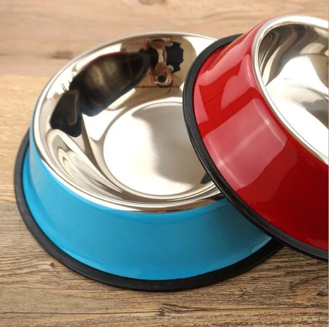 Stainless steel and colourful melamine dual pet bowl with non-slip base for food and water feeding