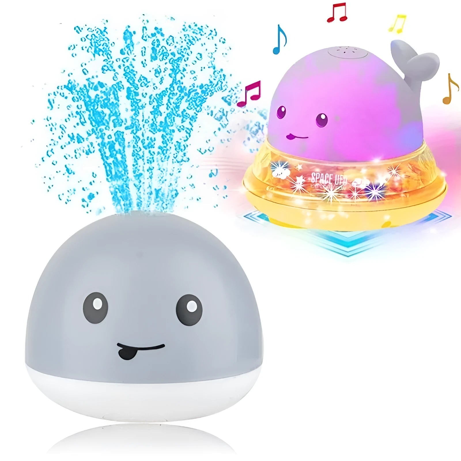 Whale-shaped baby bath toy with automatic water spray, flashing lights, and music on a base.