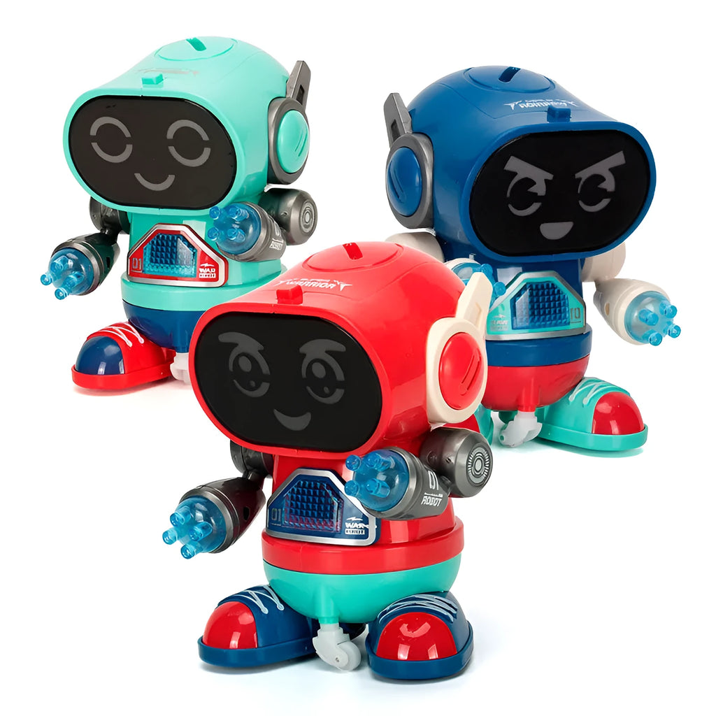 Electric rock robot toy with music, lights and automatic dancing action, available in blue, green, red and white