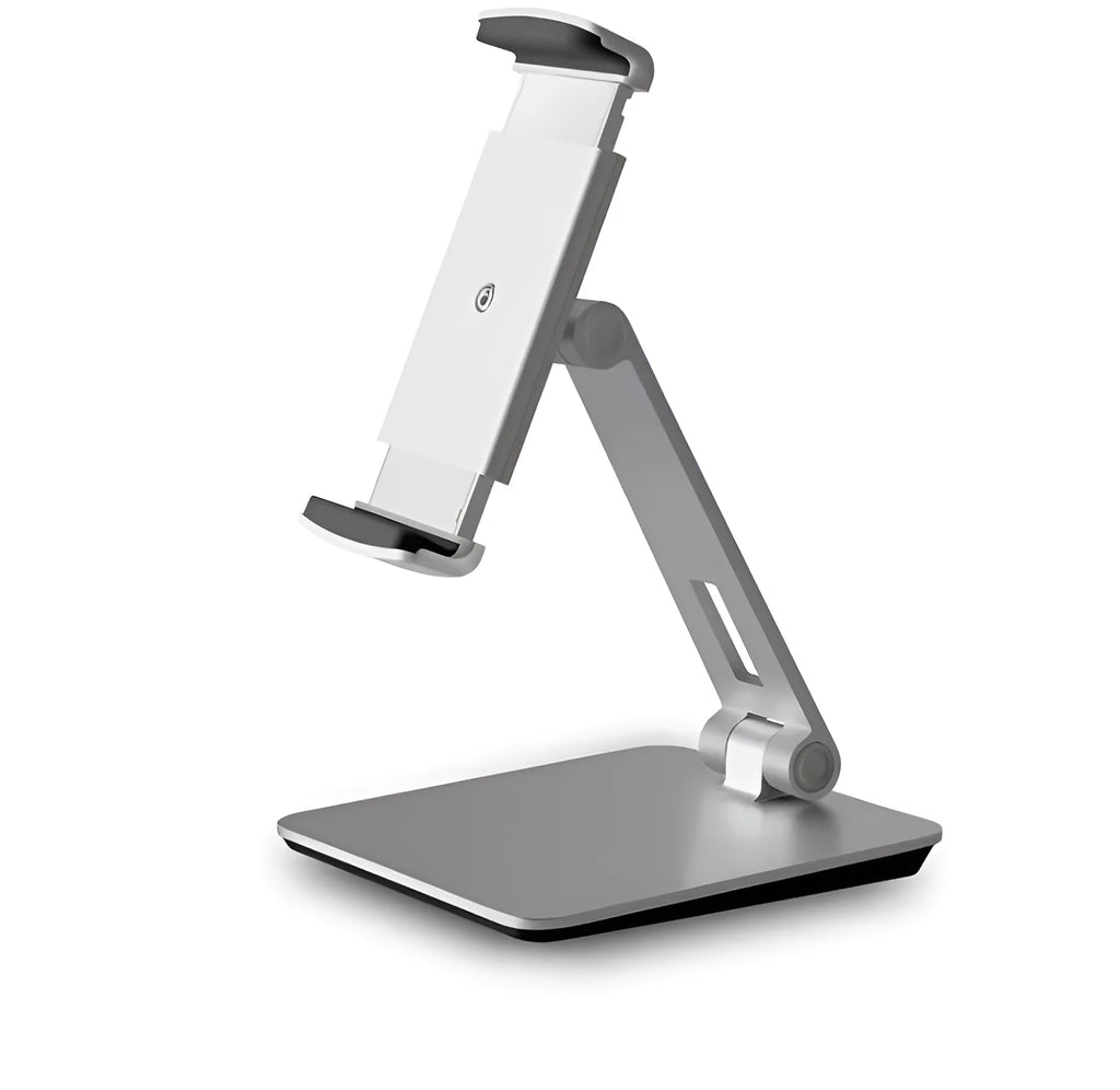 Silver foldable aluminium phone tablet holder on desk showing 360° rotation