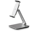 Silver foldable aluminium phone tablet holder on desk showing 360° rotation
