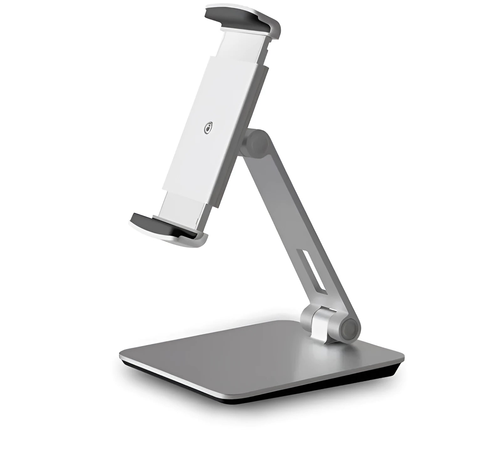 Silver foldable aluminium phone tablet holder on desk showing 360° rotation