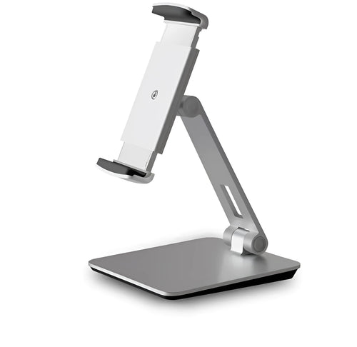Silver foldable aluminium phone tablet holder on desk showing 360° rotation