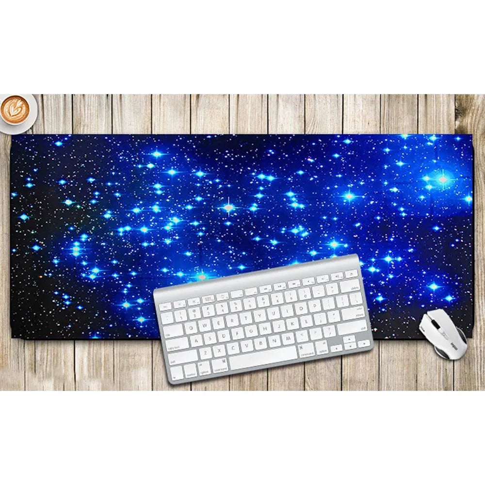 Blue star mouse pad with high-density fabric surface and anti-skid rubber base on a desk