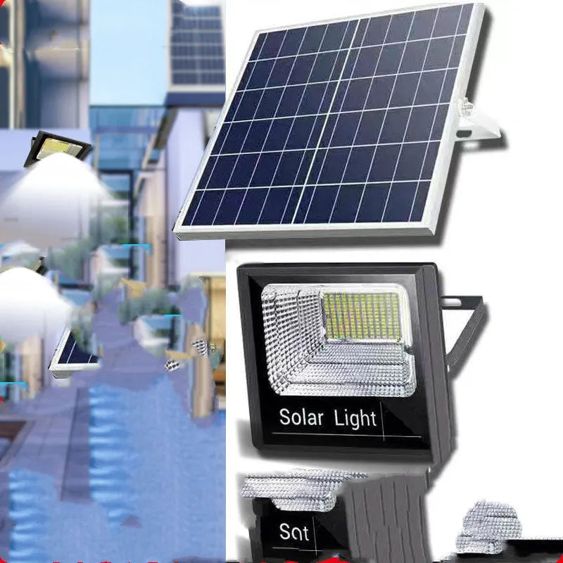 Black solar-powered LED flood light with motion sensor mounted on a wall bracket in a garden setting.