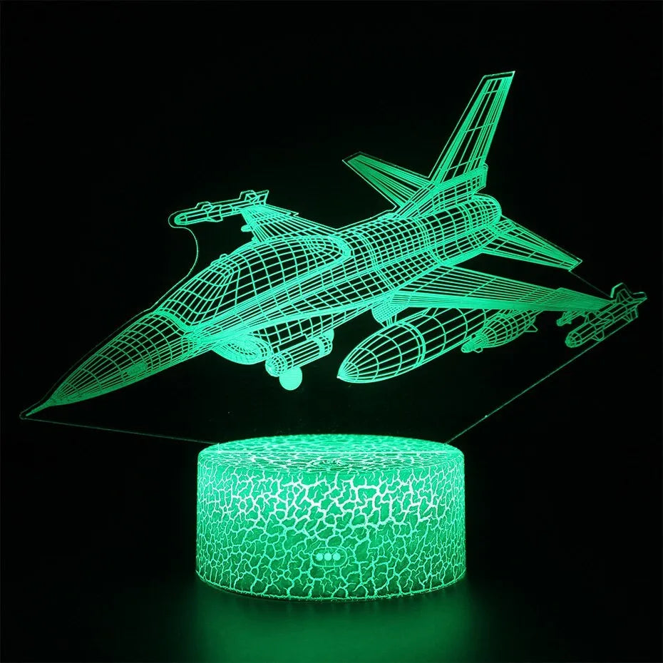 Cartoon aeroplane-shaped LED night light with touch-sensitive switch on acrylic panel.