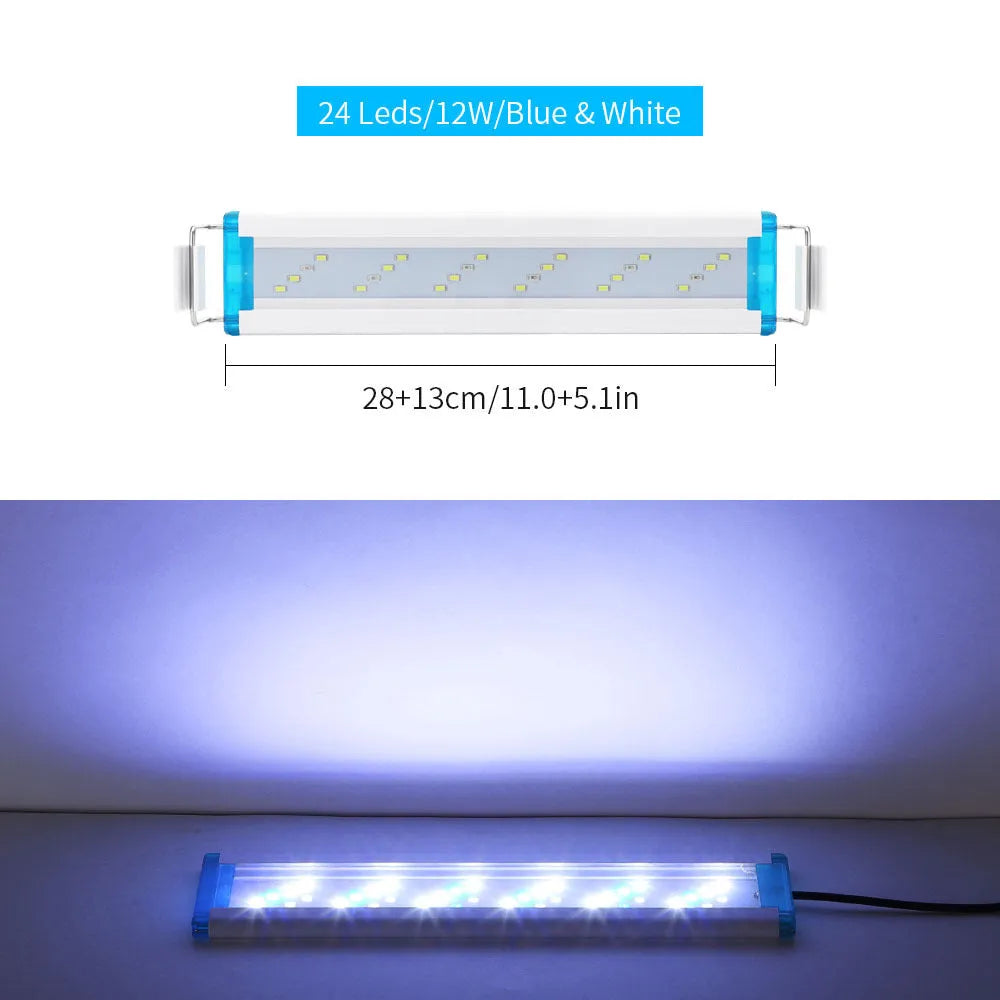 Ultra-thin blue and white LED aquarium light in multiple lengths on a PVC housing.