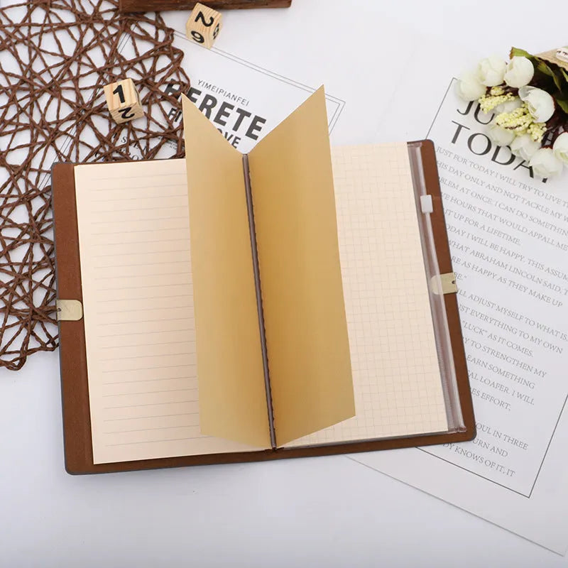 A6 diary with cowhide rope binding in grey, pink, or red colour options lying open