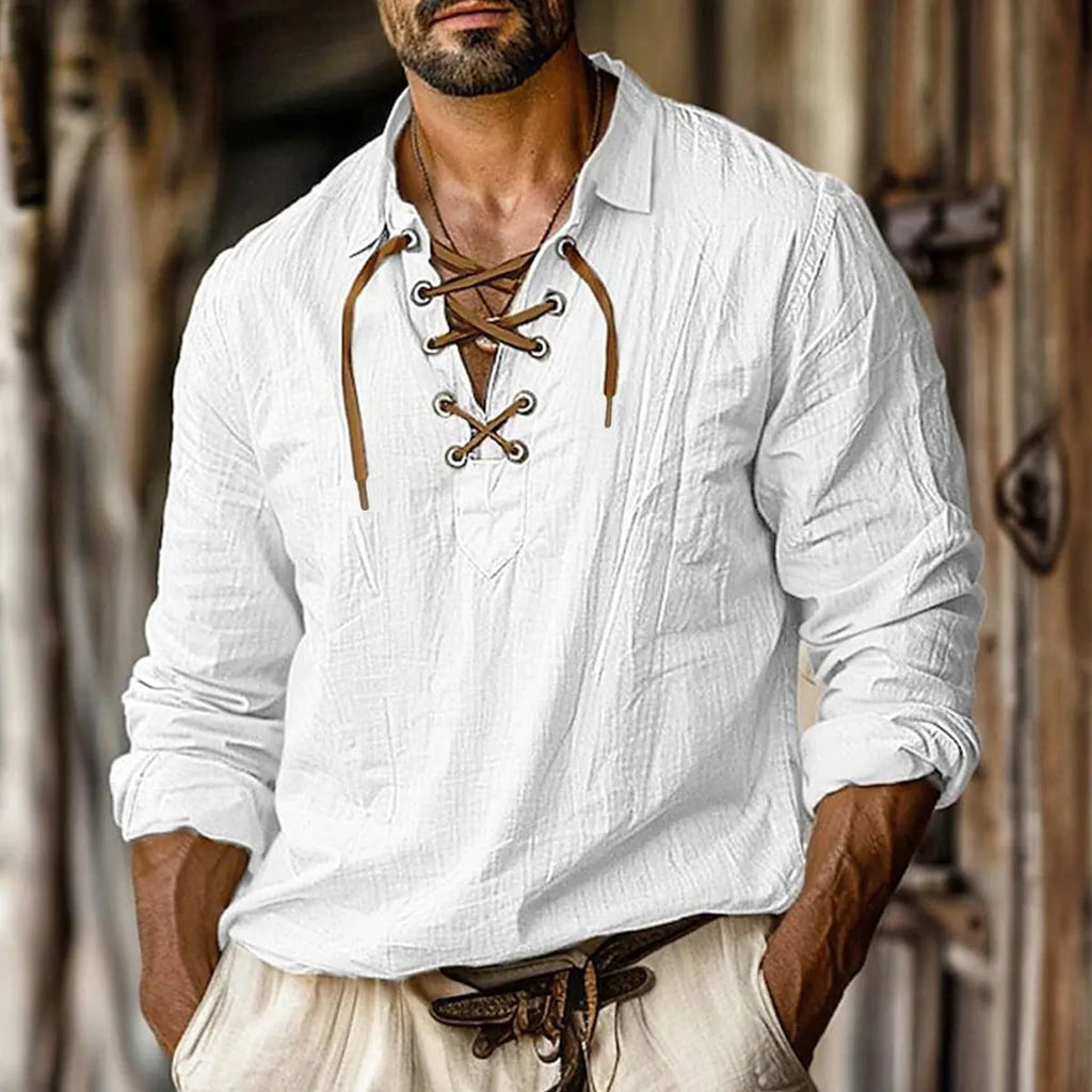 Men's plus size loose long sleeve shirt in blue with lapel collar and lace detail.