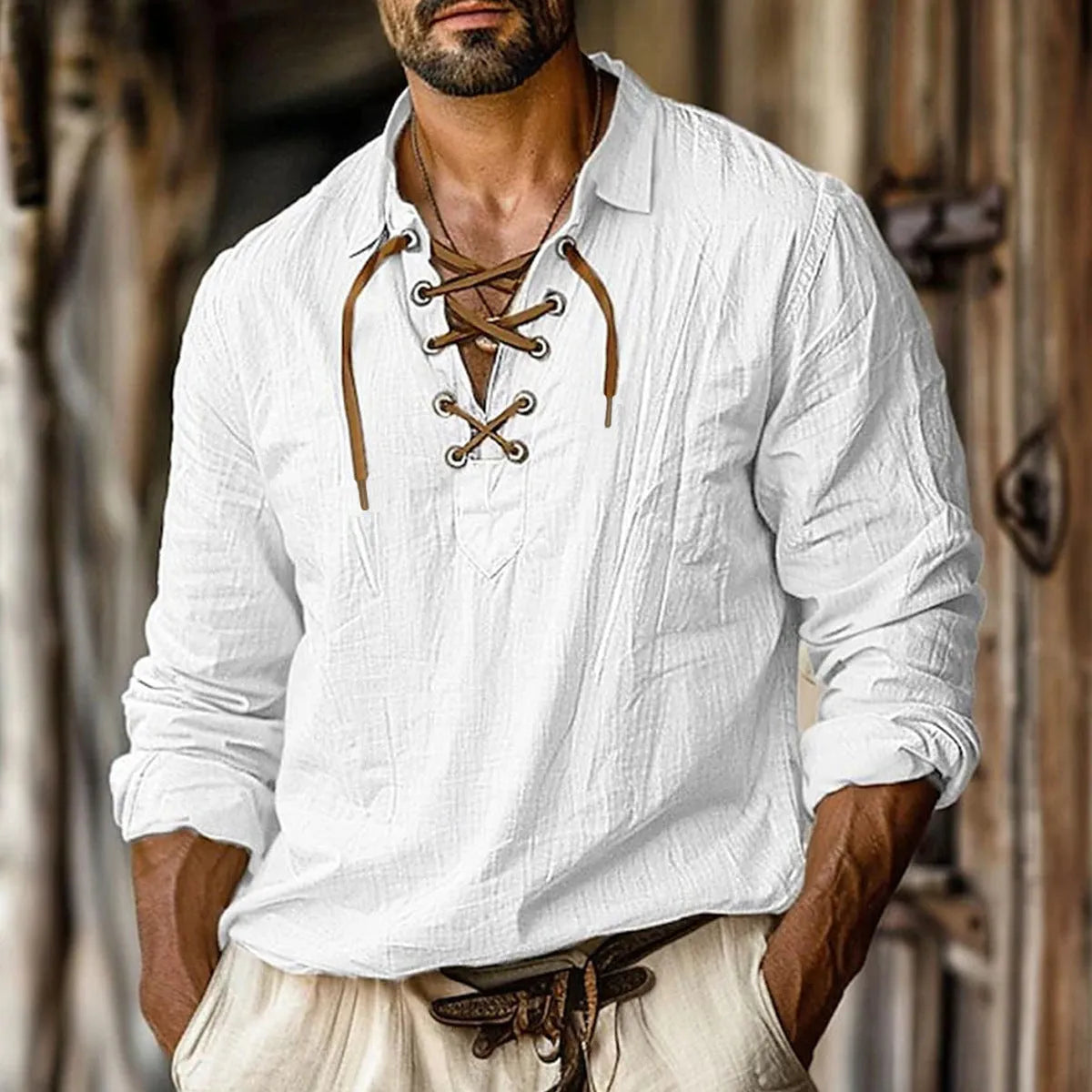 Men's plus size loose long sleeve shirt in blue with lapel collar and lace detail.