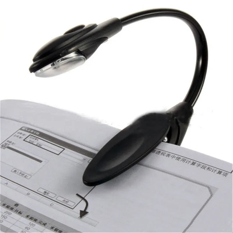 Mini clip-on LED book light with 26cm total length and metal clip on a book page