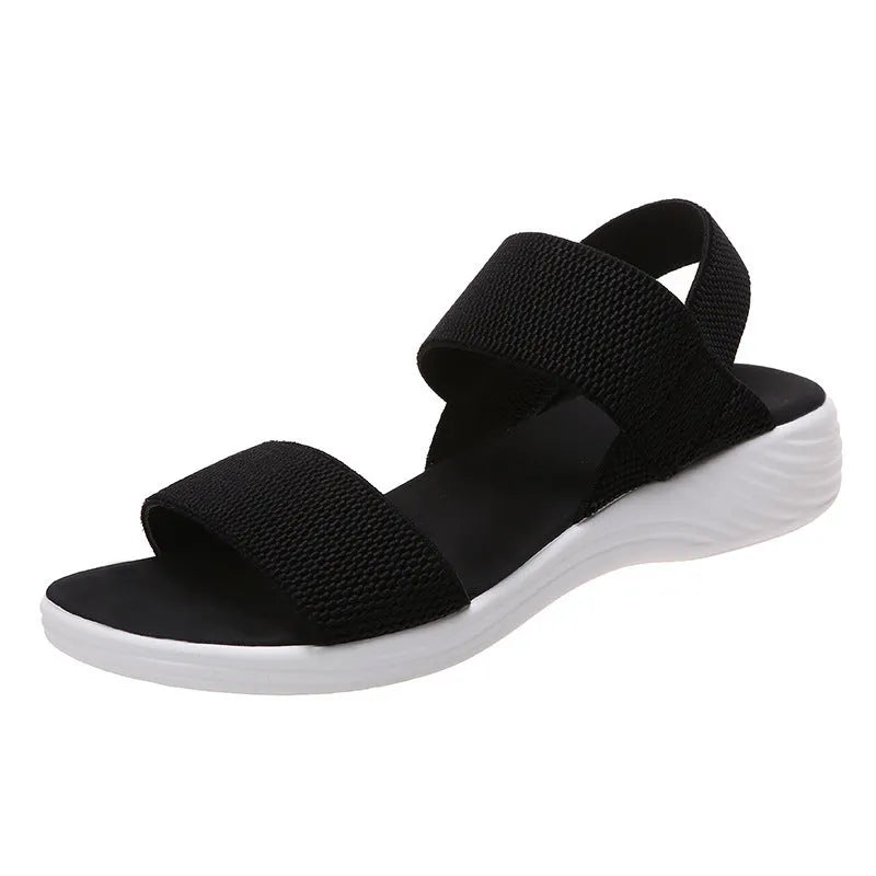 Women's platform beach sandals double strap Roman style round toe faux leather solid colour black elastic slip on shoe
