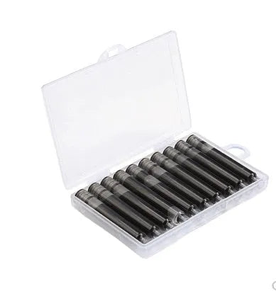 Ten steel ink sac replacements for fountain pen repair on a white background.
