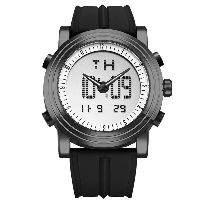Black double display luminous electronic watch showing analogue hands and digital numbers on a 47 mm dial.