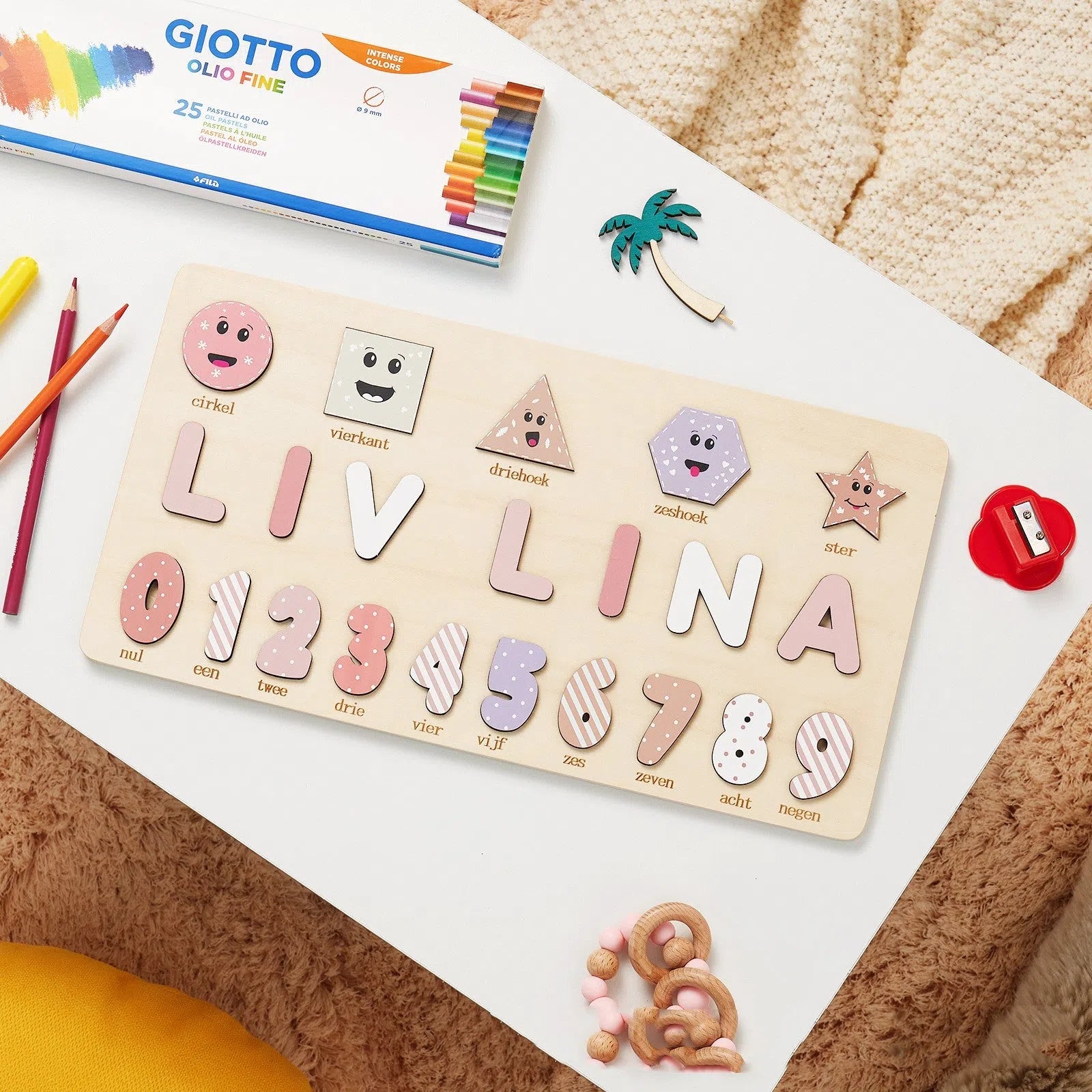 Wooden digital shape recognition puzzle board with hand-holding pieces for infants, 30x20cm to 38x20cm