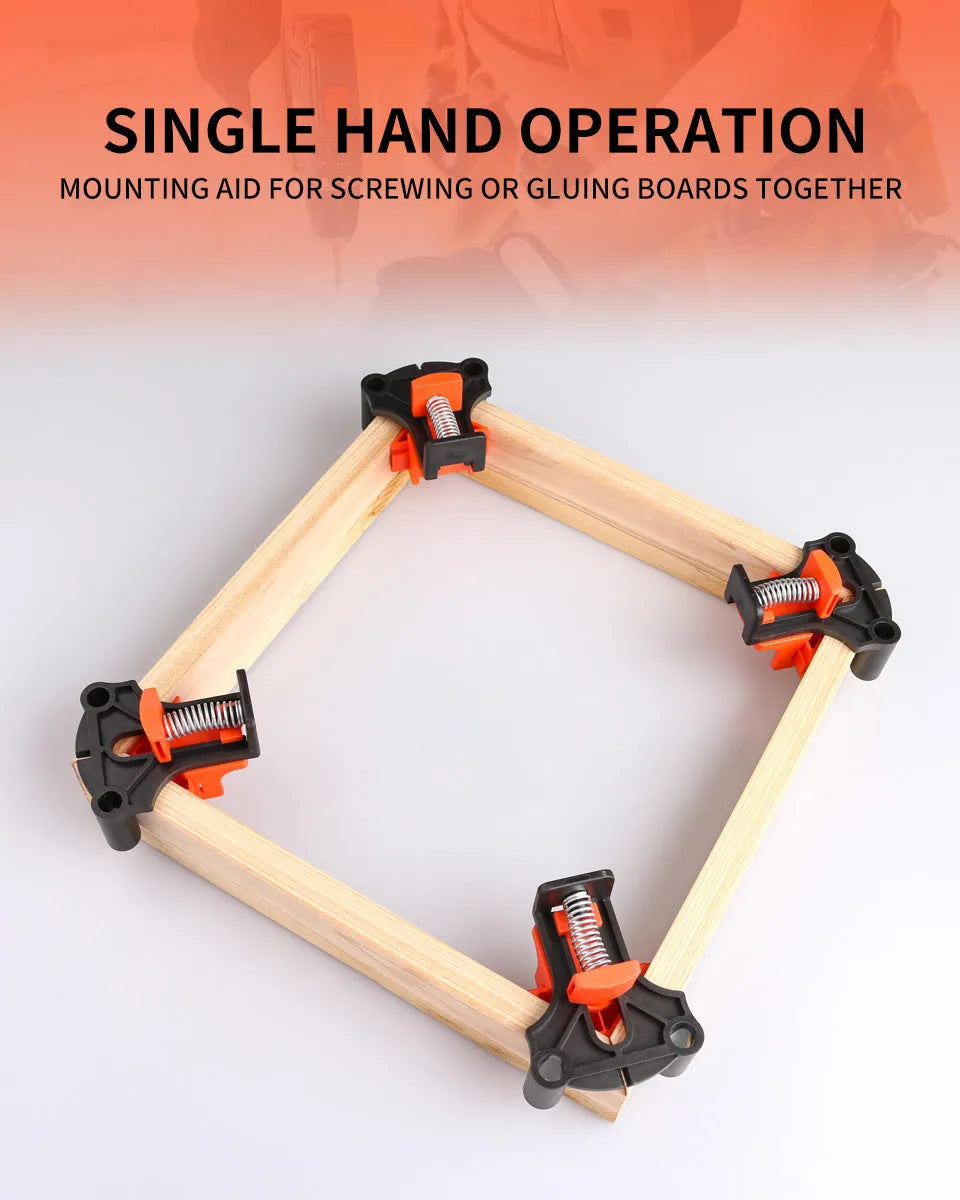 Four plastic 90 degree right angle woodworking clamps for picture frame assembly