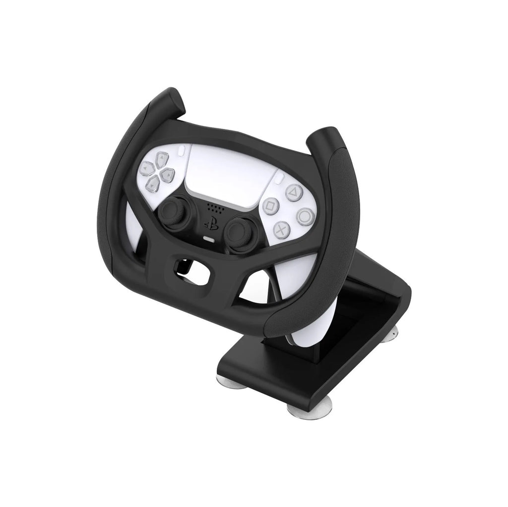 Black ABS plastic gamepad steering wheel bracket with suction cup, holding a smartphone.