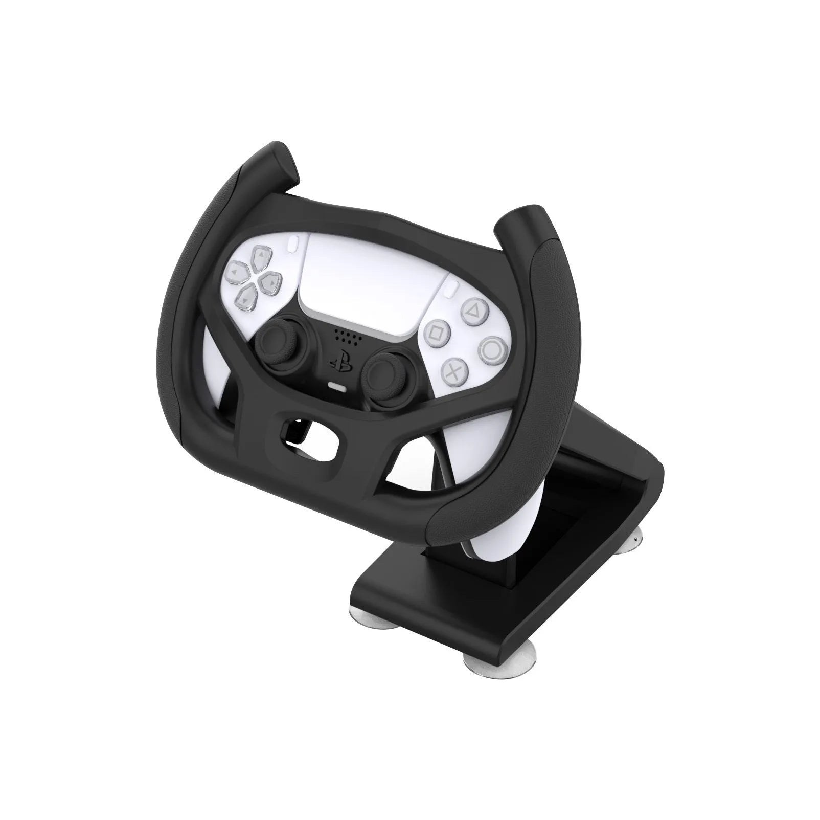 Black ABS plastic gamepad steering wheel bracket with suction cup, holding a smartphone.