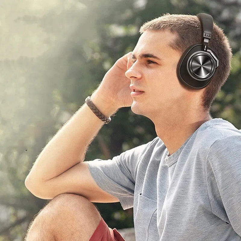 Black wireless Bluetooth headset with head-mounted design and battery display