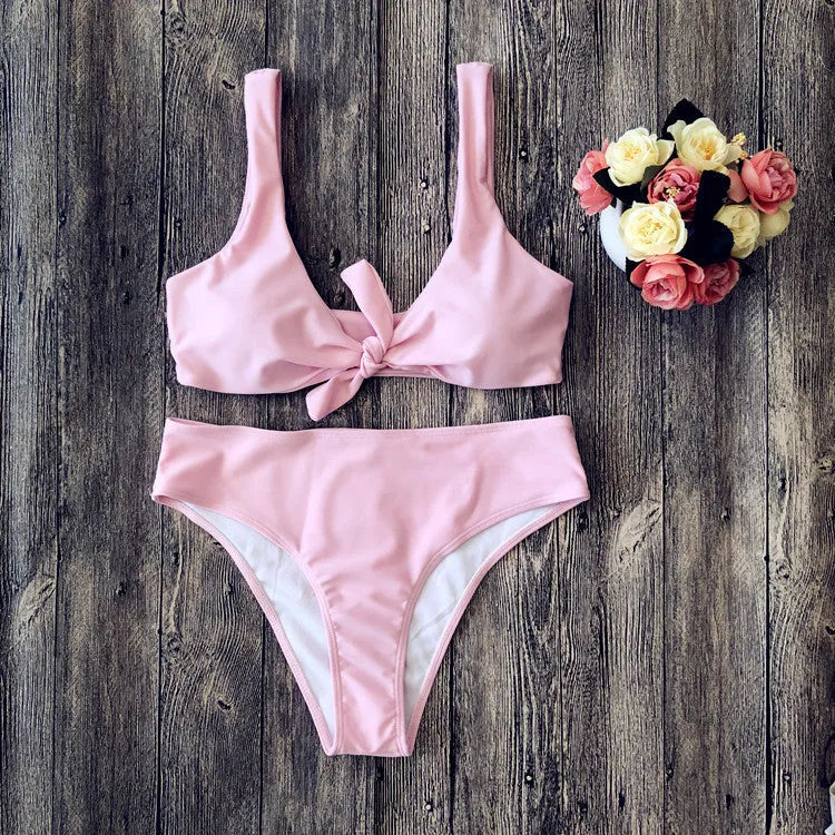 Women's solid colour bikini set in polyester, shown in one of five colour options.