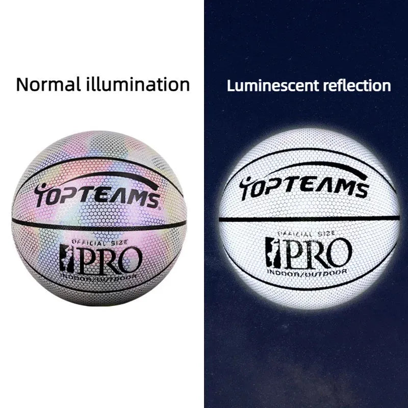 Size 7 holographic reflective PU basketball, 24.5cm diameter, in White Moonlight or Rainbow