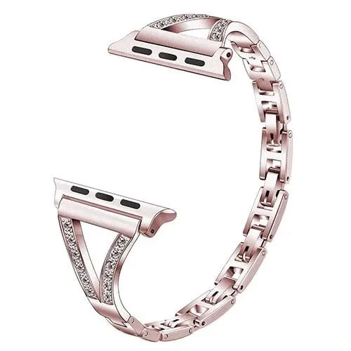 Stainless steel Apple Watch band with diamond studs in black, gold, pink, rose gold, and white colours.