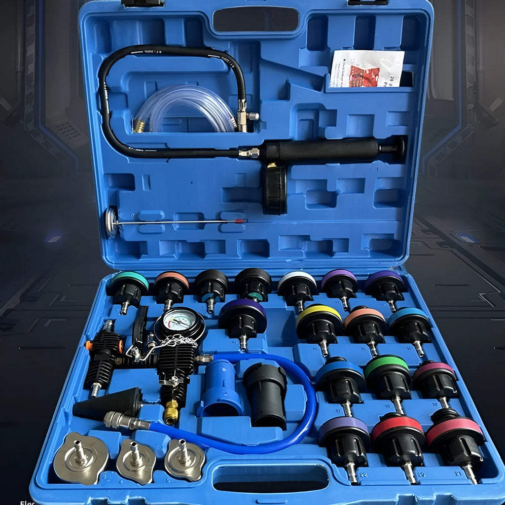 28-piece car water tank pressure leak detector set in a small blue box for car maintenance