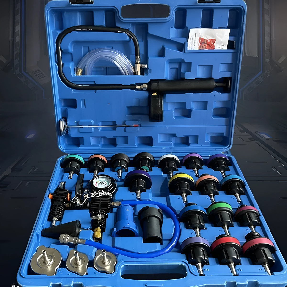 28-piece car water tank pressure leak detector set in a small blue box for car maintenance
