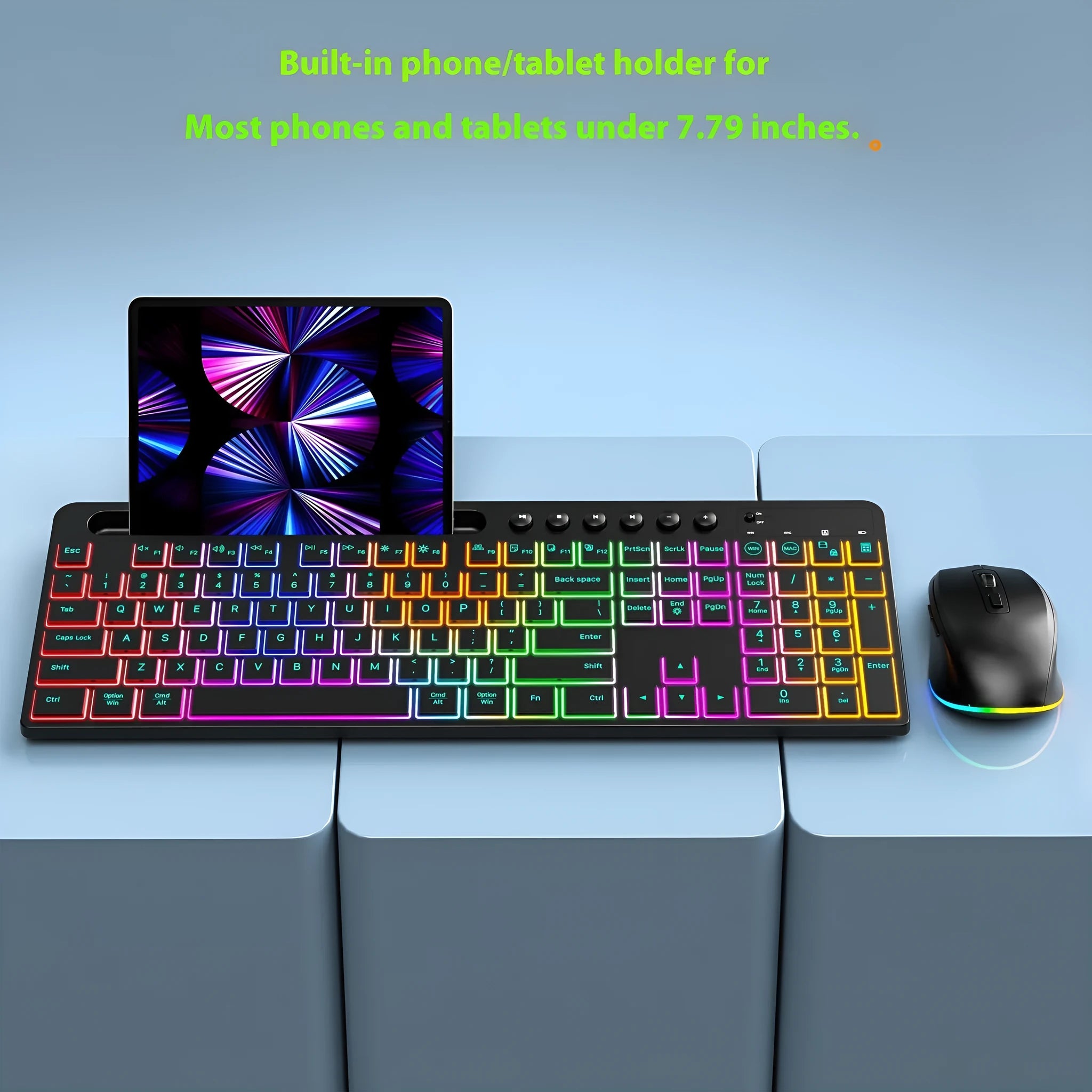 Black wireless keyboard and mouse set on a desk, showing luminous keys and integrated card slot.