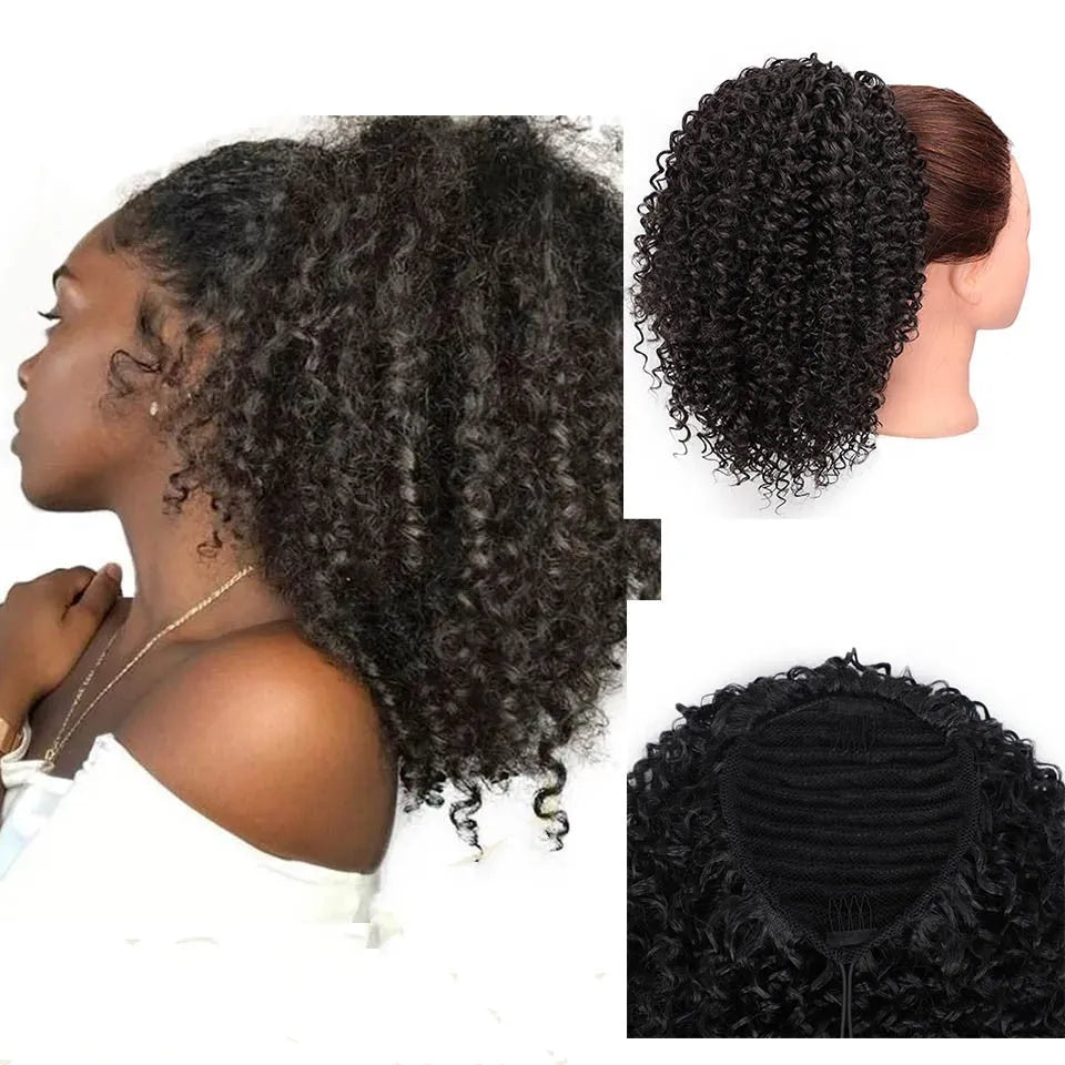 14-inch chemical fibre fluffy ponytail wig in black high temperature wire for women