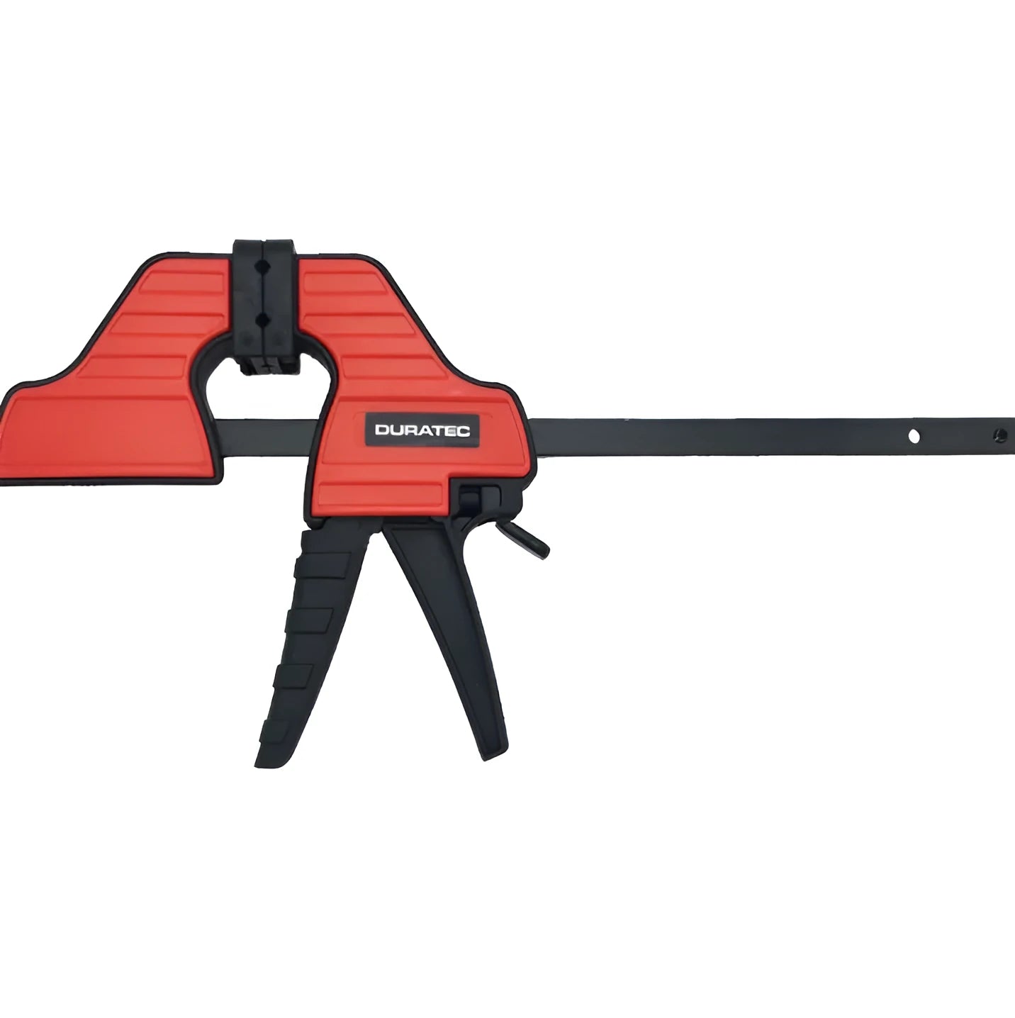Black plastic woodworking clamp with quick-release trigger and soft rubber protective jaws.