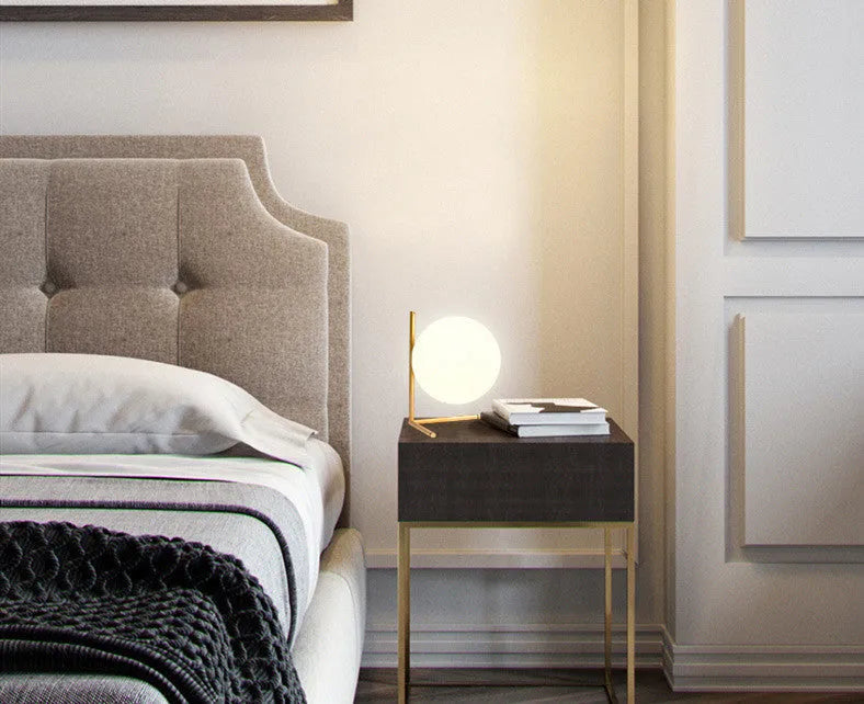 Creative LED lamp with glass shade in three size options showing three-tone lighting capability