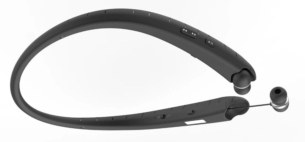 Bluetooth neckband headphones in black with retractable wires, 10mm driver, and CVC6.0 noise cancellation for sports