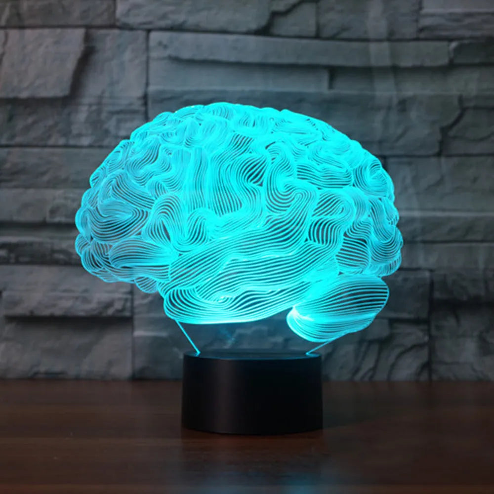 3D brain design acrylic LED lamp with colour changing lights on a black ABS base.