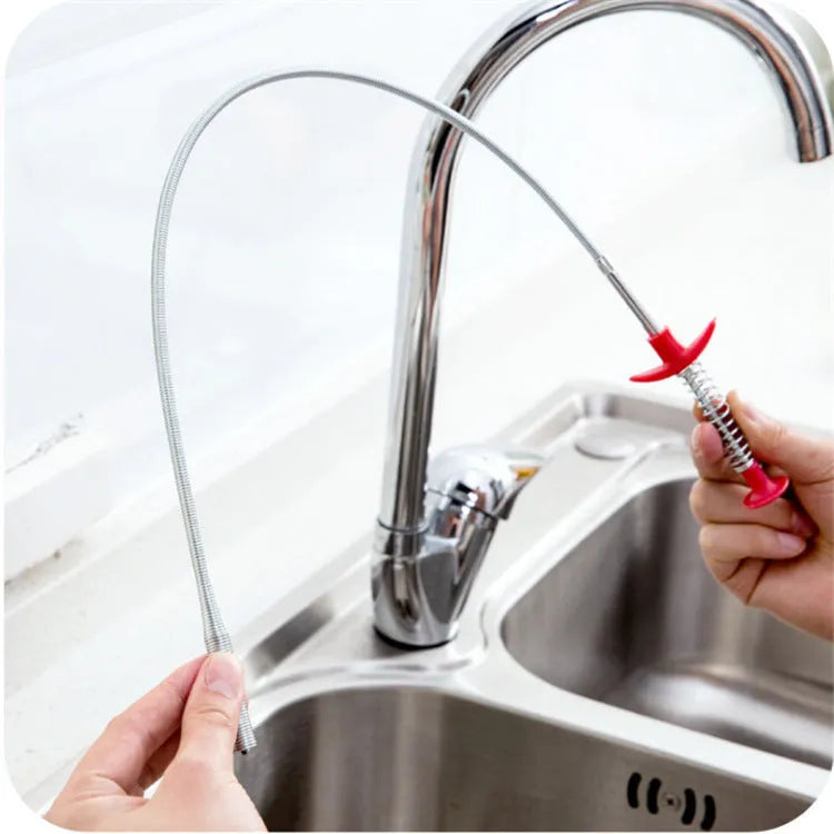 Flexible drain cleaning spring tool with gripped handle for removing hair from pipes