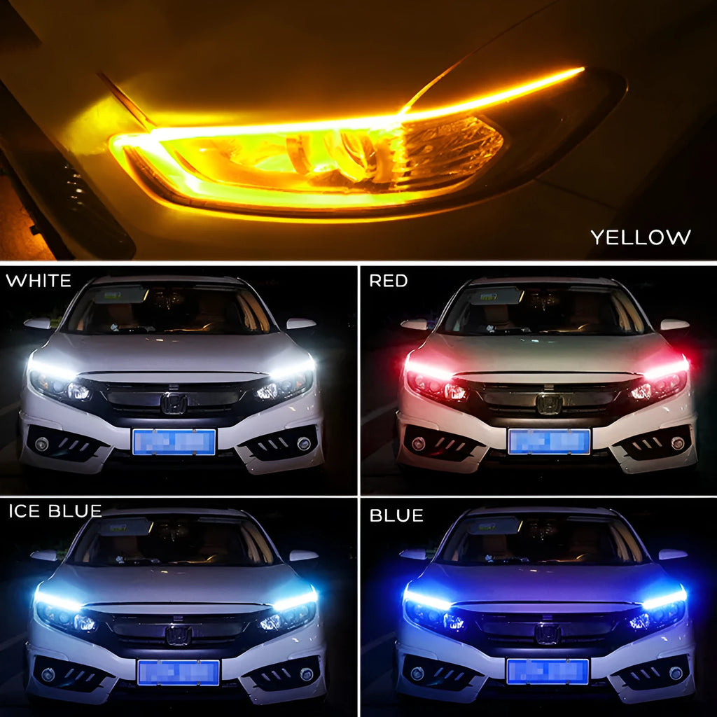 Car LED daytime running light strip with silicone body and coloured flowing turn signal effects