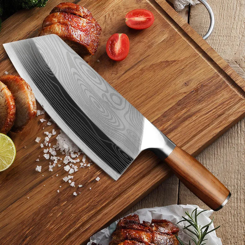 320mm long stainless steel kitchen knife with a 40cr13 steel blade showing its full length and profile.