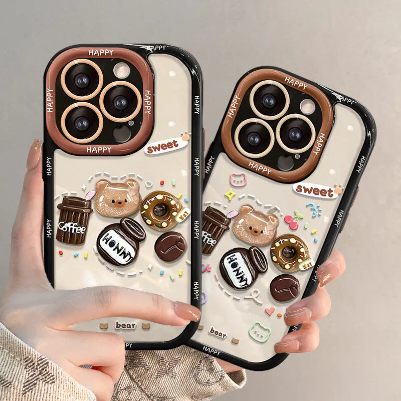 Coffee bear three-dimensional doll pendant drop-resistant silicone phone case for iPhone, cream black colour