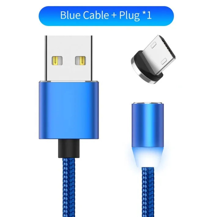 1 metre magnetic LED charging cable with cotton woven cord and three-in-one connector in aluminium shell